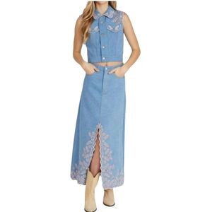 Driftwood Serena Eyelet Floral Embroidered Denim Skirt